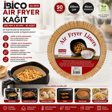 50PCS YUVARLAK TABAN: 20CM - KENAR: 4.5CM AİR FRYER PİŞİRME KALIP KAĞIT (5264)