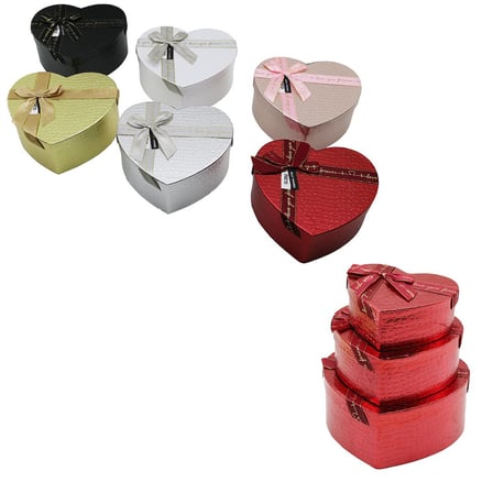 3PCS KALP PARLAK MİX RENKLİ - KABARTMA DESEN KARTON HEDİYE KUTUSU KURDELALI 22X20-19X17-16X14CM (526