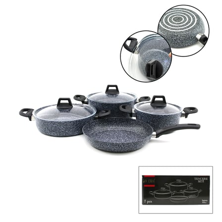 GRİ 7 PARÇA GRANİT TENCERE - TAVA SETİ 20-24CM DERİN - 27CM BASIK CAM KAPAK TENCERE - 26CM TAVA (526