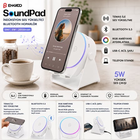 SOUNDPAD 5IN1 - 5W - 2000mAh TEMAS İLE SES YÜKSELTME - TELEFON STAND - USB-C ŞARJ BEYAZ İNDİKSİYON S