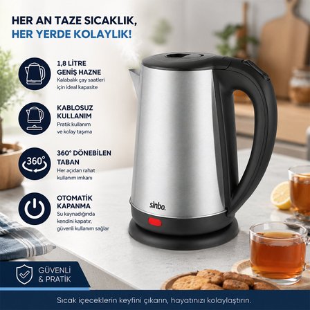 ÇELİK KETTLE SU ISITICISI KABLOSUZ KULLANIM 1.8LT 360 DERECE DÖNEBİLME OTOMATİK KAPANMA SK-8026 (5264)