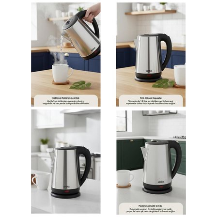 ÇELİK KETTLE SU ISITICISI KABLOSUZ KULLANIM 1.8LT 360 DERECE DÖNEBİLME OTOMATİK KAPANMA SK-8026 (5264)