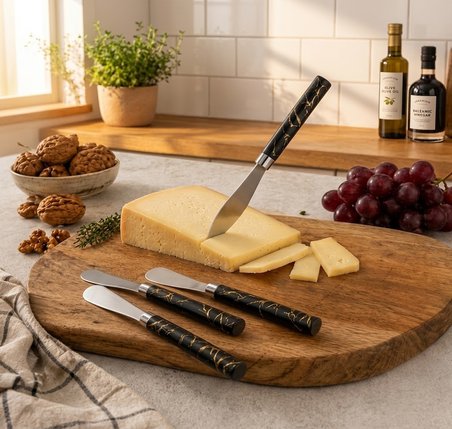 5 PARÇA  UZUN KAHVALTI BIÇAK - SİYAH MERMER DESEN SAPLI 16.5 cm (5264)