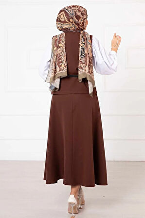 düğme detaylı kemerli yelek etek takım