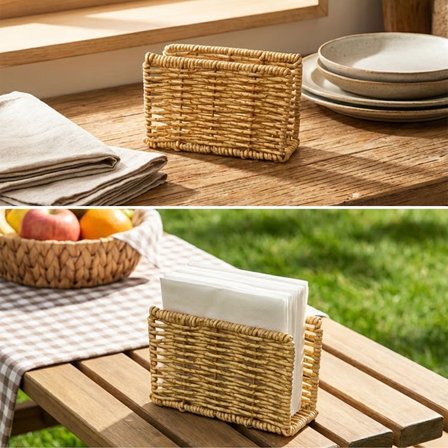 Dekoratif Plastik Rattan Dikdörtgen Peçetelik–Doğal Hasır Dokulu Masaüstü Peçete Standı (5264)