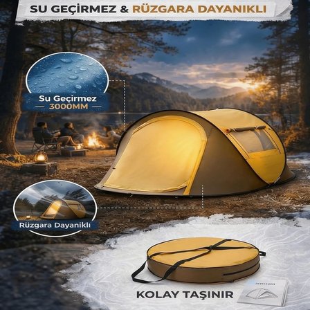 2 Kişilik Vagon Tipi Yarı Otomatik Kamp Çadırı – Çift Kapılı, Çift Pencereli, Hafif Taşınabilir Outdoor Doğa Çadırı 220x120x90 cm (5264)