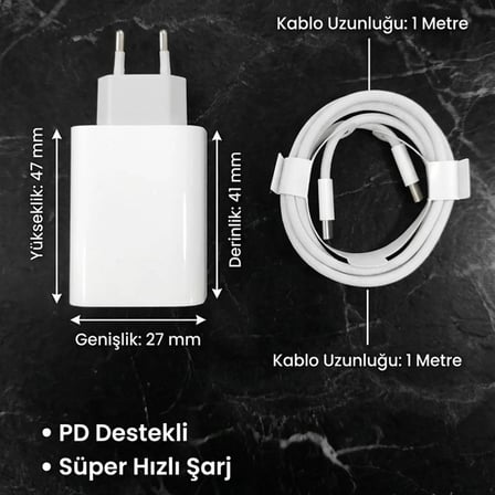 25W Hızlı Şarj Adaptörü USB-C to Type-C Kablolu – PD Destekli, Süper Hızlı Şarj Cihazı (5264)