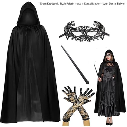 120 cm Kapüşonlu Siyah Pelerin + Asa + Dantel Maske + Uzun Dantel Siyah Eldiven Kostüm Seti (5264)