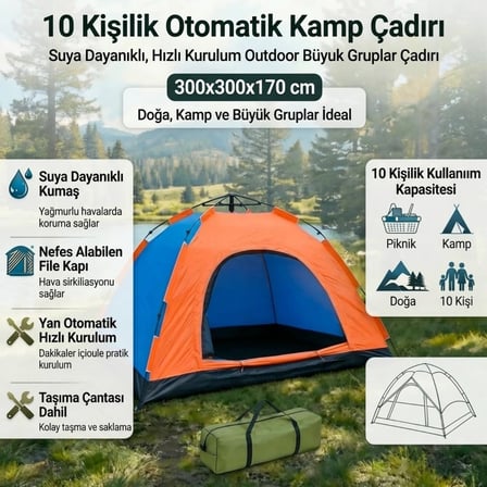 10 Kişilik Otomatik Kurulum Kamp Çadırı – Outdoor , Suya Dayanıklı Hızlı Kurulum Piknik ve Doğa İçin Geniş Aile Çadırı 300x300x170 cm (5264)