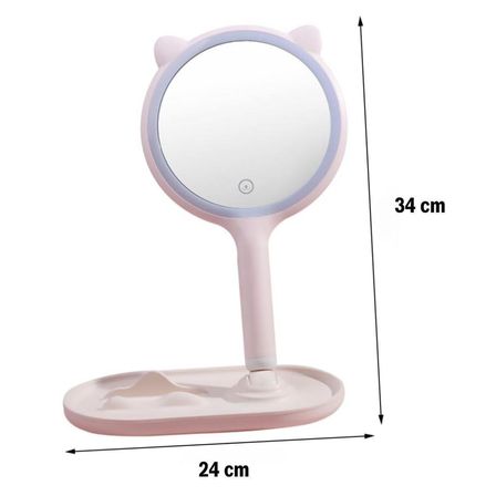 Kedi Kulaklı Telefon Standlı Yuvarlak Dokunmatik Led Ayarlı Masa Üstü Makyaj Aynası (5264)