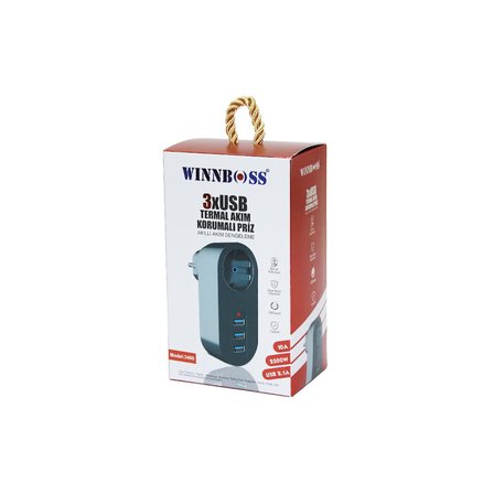 SİYAH TERMAL AKIM KORUMALI  1XPRİZ 3XUSB DUVAR TİPİ PRİZ 10A - 2500W (5264)