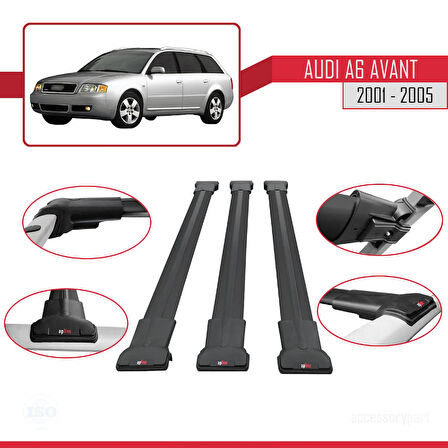 Audi A6 Avant 2001-2005 Arası ile Uyumlu FLY Model Ara Atkı Tavan Barı Siyah 3 Adet