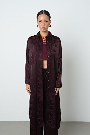 Kadın Bordo Renk Çiçek Desenli Uzun Tunik Tesettür Gömlek - Elbise