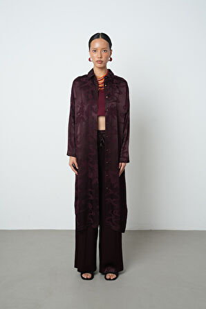 Kadın Bordo Renk Çiçek Desenli Uzun Tunik Tesettür Gömlek - Elbise