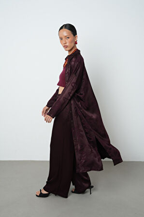 Kadın Bordo Renk Çiçek Desenli Uzun Tunik Tesettür Gömlek - Elbise