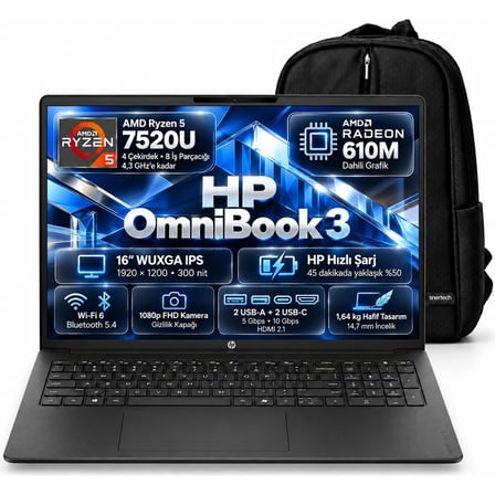 Omnibook 3 Amd Ryzen 5 7520U 8gb 1tb SSD 16" Windows 11 Pro Taşınabilir Bilgisayar + Snertech Çanta DY0G7EA S3