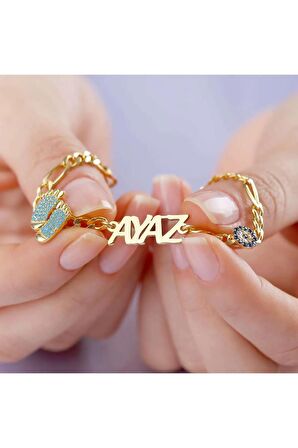 925 Ayar Gümüş Isimli Lazer Kesim Firuze Ayaklı Bileklik