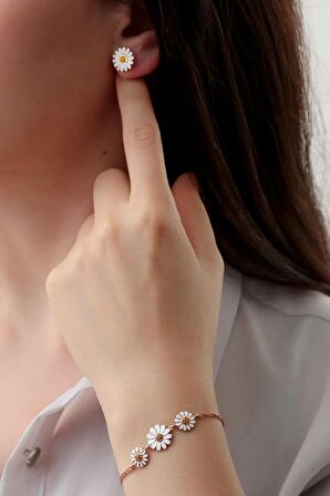 925 Ayar Gümüş Papatya Bileklik Küpe Set