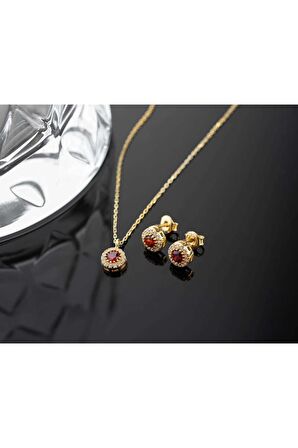 925 Ayar Gümüş Ocak Ayı Doğum Taşı ( Garnet ) Kolye - Küpe Seti