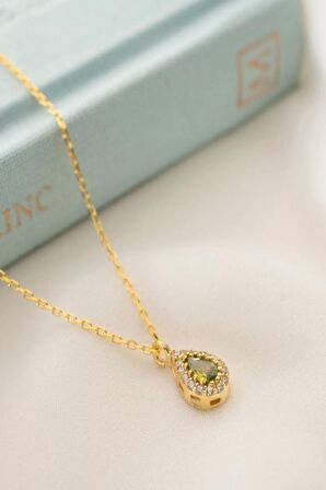 925 Ayar Gümüş Ağustos Ayı Doğum Taşı ( Peridot ) Damla Kolye