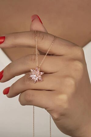 925 Ayar Gümüş 4 Katman Pembe Lotus Çiçeği Kolye