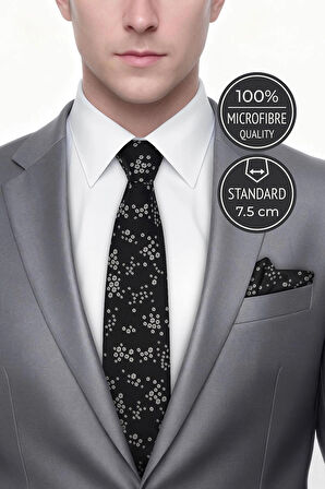 Çiçekli Siyah Kravat & Mendil