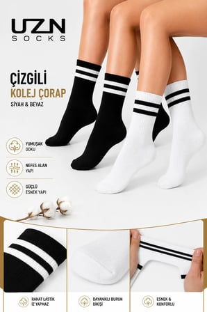 5 Çift Unisex Siyah Beyaz Çizgili Kolej Çorap Pamuklu Spor Soket Çorap Seti