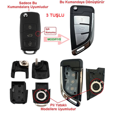 VW Golf Polo Jetta Bora Passat Transporter 3 Tuşlu Dönüşüm Çevirici Anahtar Kumanda Kabı Oto Anahtar