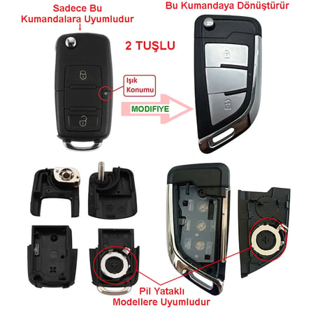 VW Golf Polo Jetta Bora Passat Transporter 2 Tuşlu Dönüşüm Çevirici Anahtar Kumanda Kabı Oto Anahtar