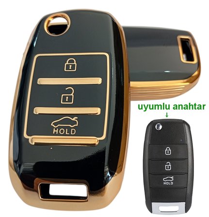 Kia Rio Ceed Cerato Sportage Bongo Uyumlu Kumanda Anahtar Kılıfi Oto Anahtarlık SİYAH GOLD