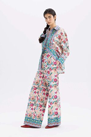 DeFacto Lug Von Siga x DeFacto Poplin Kumaş Pantolon Wide Leg Geniş Paça Desenli Normal Bel C1133AX24SMWT32