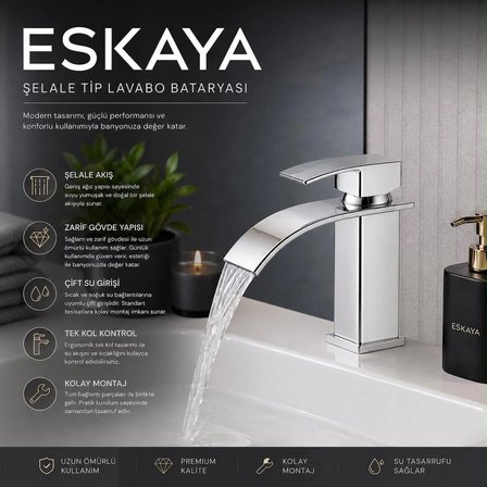 Eskaya krom şelale tip lavabo bataryası pirinç gövde tek kollu modern banyo musluğu 