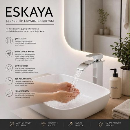 Eskaya krom şelale tip lavabo bataryası pirinç gövde tek kollu modern banyo musluğu 