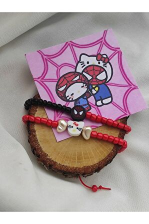 Hello Kitty ve Spiderman Figürlü Kum Boncuk 2'li Çocuk Bileklik