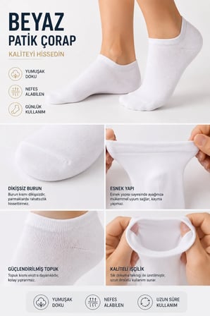 UZN SOCK 10 Çift Beyaz Pamuklu Bilek Boy Çorap Unisex Günlük Kısa Spor Çorap
