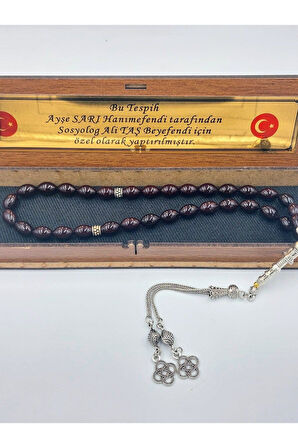 Siyah Mavi Arpa Kesim Alpaka Püsküllü Ateş Kehribar Tespih(AHŞAP KUTULU)