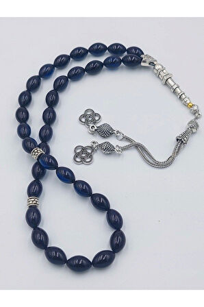 Siyah Mavi Arpa Kesim Alpaka Püsküllü Ateş Kehribar Tespih(AHŞAP KUTULU)