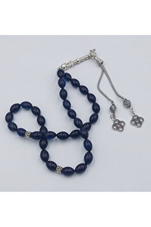 Siyah Mavi Arpa Kesim Alpaka Püsküllü Ateş Kehribar Tespih(AHŞAP KUTULU)