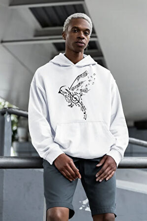 Tasarım Nota Kuş Baskılı Unisex Oversize Hoodie