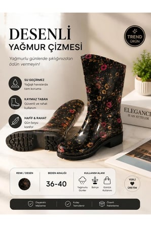 Kadın Mor Desenli 35 Cm Uzun Bahçe Yağmur Çizmesi