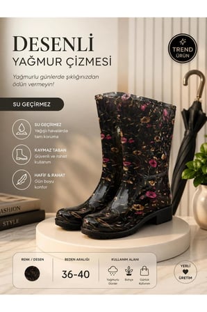Kadın Mor Desenli 35 Cm Uzun Bahçe Yağmur Çizmesi
