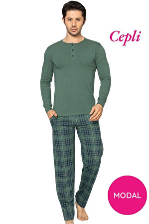 Erkek 3 Düğmeli Ekose Desen Pamuk Likra Mevsimlik Modal Uzun Kol Manşetli Cepli Pijama Takımı