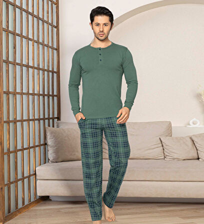 Erkek 3 Düğmeli Ekose Desen Pamuk Likra Mevsimlik Modal Uzun Kol Manşetli Cepli Pijama Takımı