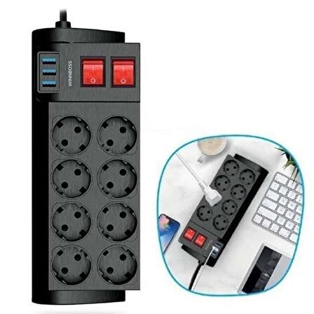İpek Yıldızı® Isıya Dayanıklı Termal Akım Korumalı 2 Metre 16A 4000W 8li Priz ve 3 Usb Li Uzatma Kablosu