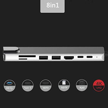 Polham 8 Port Type-C Hdmi 3XUSB+2 PD Ethernet RJ45 TF SD Kart Hub Adaptör Çoklayıcı Okuyucu