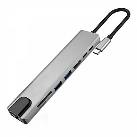 Polham 8 Port Type-C Hdmi 3XUSB+2 PD Ethernet RJ45 TF SD Kart Hub Adaptör Çoklayıcı Okuyucu