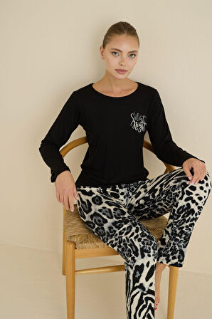 Kadın Desenli Bisiklet Yaka Düğmesiz Mevsimlik Likra Viskon Uzun Kol Pijama Takımı