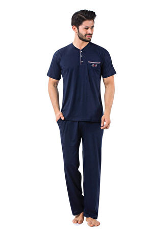 Erkek 3 Düğmeli Likralı Pamuk Kısa Kol Cepli Şortlu 3lü Pijama Takımı-3 Parça Kutulu Çeyizlik Set