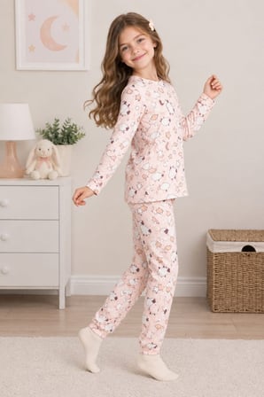 Kız Çocuk Çiçek-kurdela-kuzu Baskılı Pamuklu Pijama Takım TKM1025