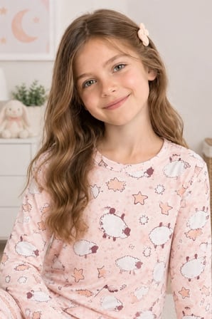 Kız Çocuk Çiçek-kurdela-kuzu Baskılı Pamuklu Pijama Takım TKM1025